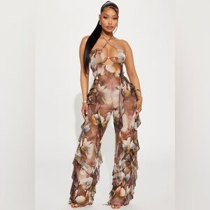Mesh Ruffle Wide-Leg Jumpsuit - Brown Floral